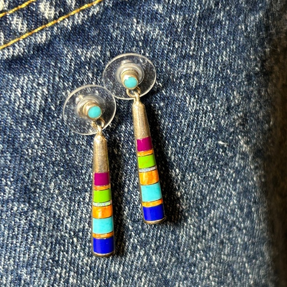 Sterling Turquoise/Multicolor Pendant Post Earring - Picture 2 of 5